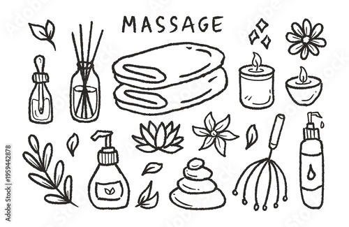 Massage kits hand drawn illustration set. Spa treatment vector doodle elements. Scribble of massage therapy icon collection containing towel, diffuser, oil, candle, stone.
