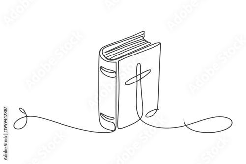One line of a book with a cross on the cover one line minimalist black and white continuous line