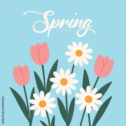 Minimalist Spring Tulip and Daisy Card, Abstract Vertical Flower Design, Modern Botanical Greeting Illustration
