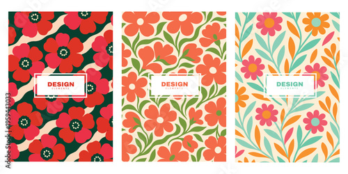 Trendy Abstract Floral Pattern Set, Colorful All-over Print Flower Designs, Bohemian Botanical Vector Graphics