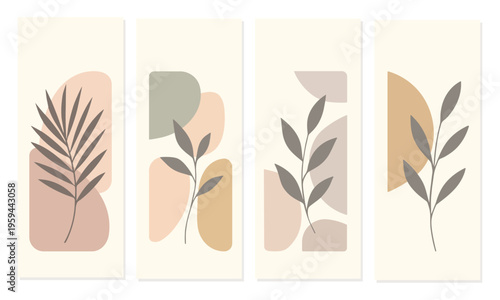 Scandinavian Minimalist Leaf Design Set, Aesthetic Botanical Line Art, Neutral Tone Wabi Sabi Illustrations