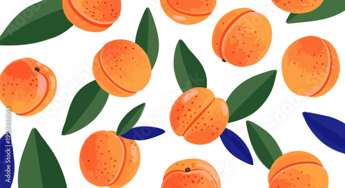 Hand drawn peach fruit pattern, textured orange peaches with green and blue leaves, summer fruit vector illustration for textile design