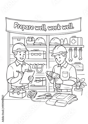 coloring book page father preparing well and working well at a workshop with coworkers