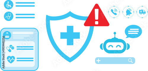 Digital healthcare protection concept.  medical security shield interface telemedicine and AI assistant to access safe online healthcare consultation and emergency alert symbol and icons, emphasizing 