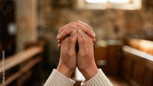 교회 내부에서 두 손을 모으고 기도하는 사람의 모습이 경건한 분위기를 연출합니다.
