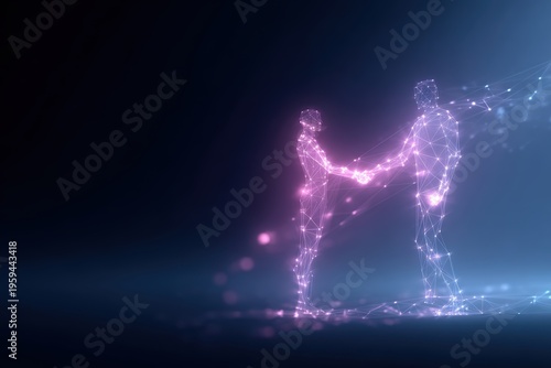 human and robot handshake surrounded by glowing network connections, future of work and artificial intelligence partnership concept