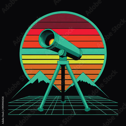 80s Vaporwave Telescope Grid Sunset T-Shirt Vector Design