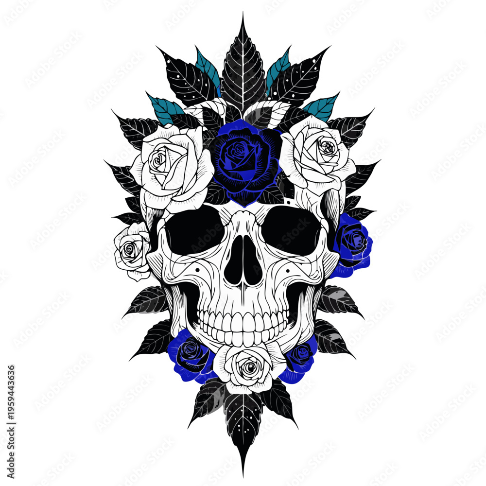 Fototapeta premium Decorative human skull with floral roses and botanical elements, gothic vector illustration