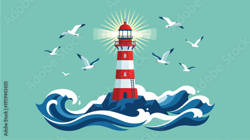 Lighthouse on Ocean Waves.