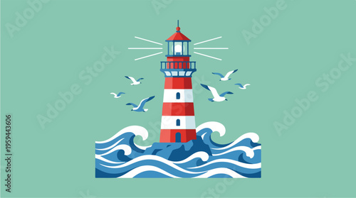 Lighthouse standing in ocean waves.