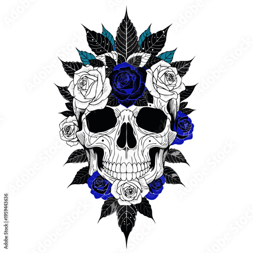 Decorative human skull with floral roses and botanical elements, gothic vector illustration