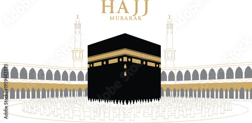 Kaaba with pilgrims and mosque architecture in golden tones with Hajj Mubarak greeting in spiritual vector illustration