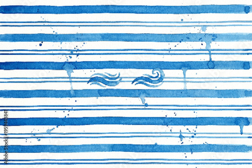 Blue watercolor stripes background, hand painted nautical pattern with ink splatters, abstract sea wave lines vector for summer stationery