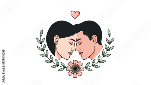 Beautiful illustration of a man and woman's heads forming a heart shape within a floral wreath and a small pink heart.