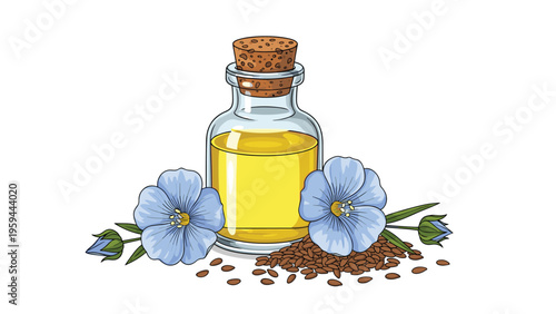 Glass bottle of golden flaxseed oil surrounded by blue flax flowers and brown seeds on a clean white background area.