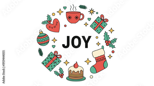 Christmas-themed circular wreath of festive icons surrounding the word JOY in bold black letters on a white background.