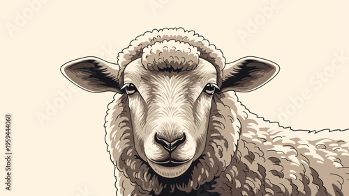 Detailed close-up portrait of a sheep's face with textured wool and a neutral beige background for an animal theme.
