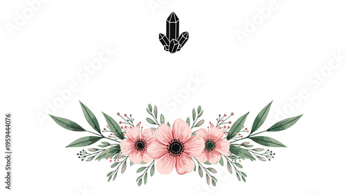 Elegant floral arrangement featuring pink flowers and green leaves with a small black crystal icon centered above it.