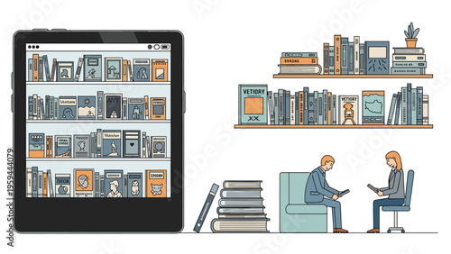 Scene showing people reading on a digital tablet next to bookshelves filled with books in a modern library or bookstore.