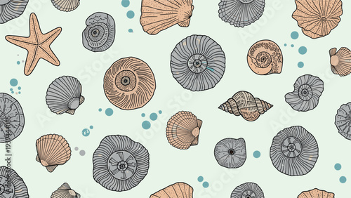 Seamless pattern of various seashells, snails, and a starfish in muted tones on a light mint green background surface.