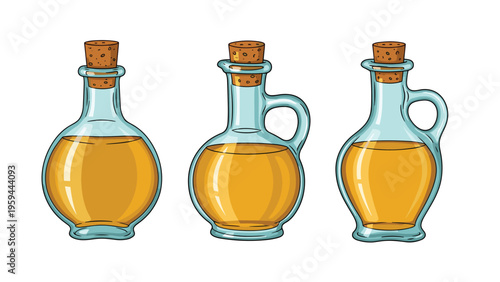 Three vintage style glass decanters with cork stoppers are filled with golden oil for cooking or medicine.