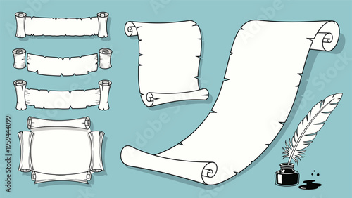 Collection of antique parchment scrolls and banners is shown alongside a traditional quill pen and inkwell.