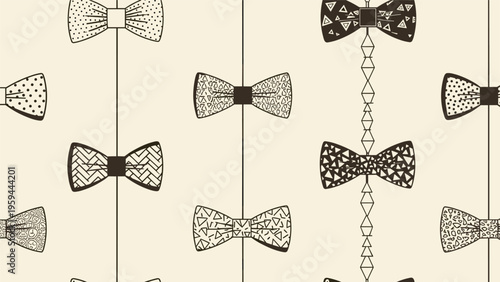 Collection of stylish bow ties with various patterns is arranged in a unique seamless design on a cream base.