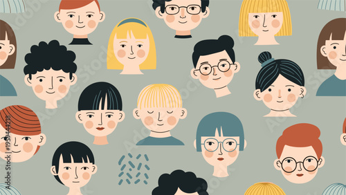 Diverse group of cartoon people faces with different hairstyles and glasses forms a friendly seamless pattern.