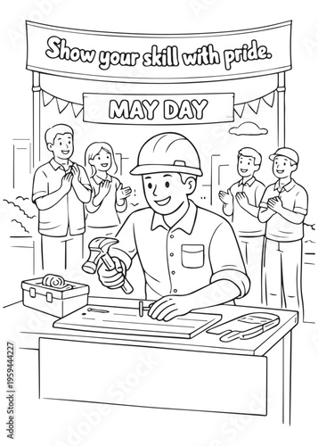 coloring book page father showing his skill with pride at a May Day event