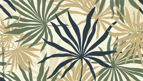 Stylish tropical leaf pattern features overlapping palm fronds in muted shades of green and dark blue tones.