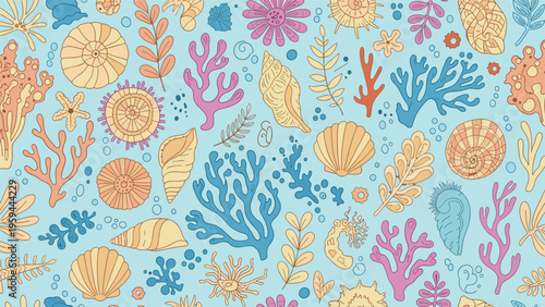 Beautiful marine life pattern showcases seashells colorful corals and seaweed in a soft pastel color palette.