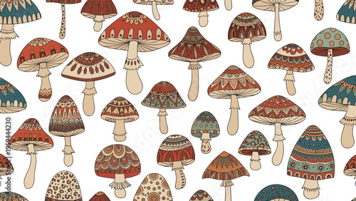 Unique seamless pattern features decorative forest mushrooms with intricate tribal and folk art cap designs.
