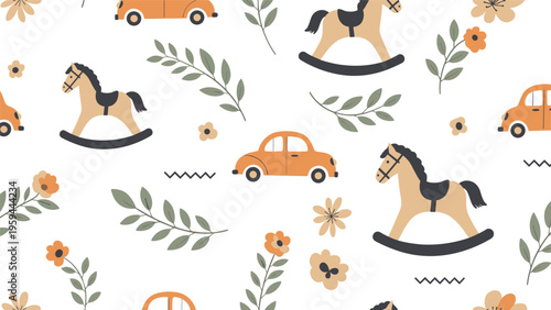 Nostalgic nursery pattern features classic rocking horses toy cars colorful flowers and simple green leaves.