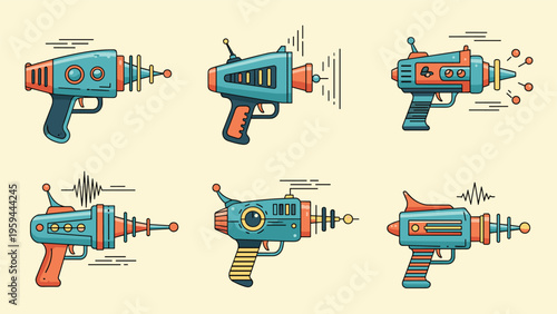 Collection of colorful retro futuristic ray guns and sci-fi blasters is shown in a flat illustration style.