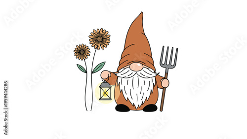 Friendly garden gnome in a brown hat holds a glowing lantern and a pitchfork next to tall yellow sunflowers.