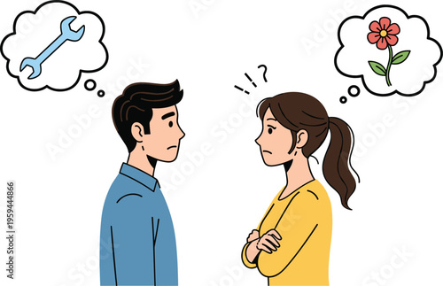 Couple misunderstanding concept with different thinking symbols, vector illustration of communication gap between man and woman showing emotional and logical conflict
