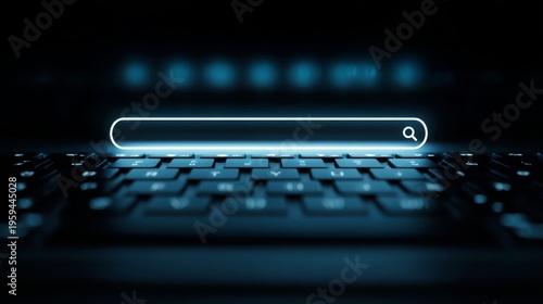 Glowing search bar interface on laptop for online search and digital technology concept