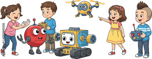 Children playing with robots and remote control toys, cute cartoon vector illustration of kids interacting with technology and educational robotics in fun style
