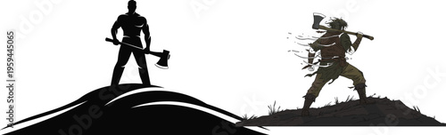 Lumberjack silhouette and detailed illustration with axe on hill, vector artwork of woodcutter worker in rugged outdoor forest environment