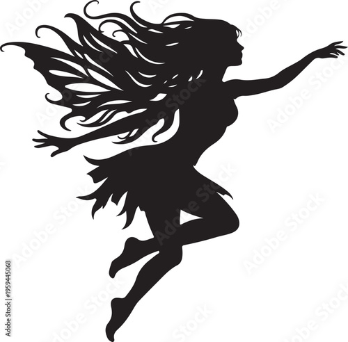 Black Silhouette of a Flying Fairy with Long Hair and Wings on White Background
