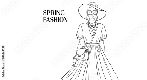Elegant fashion illustration depicts a stylish woman wearing a wide brim hat round sunglasses and a long flowing dress holding a small shoulder bag representing spring style.