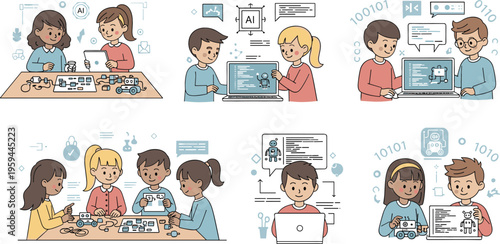 Kids learning coding and robotics with laptops and STEM activities, vector illustration set of children programming building robots and studying technology