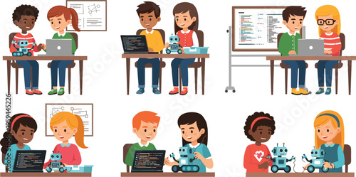 Children learning coding and robotics in classroom, vector illustration set of kids programming computers and building robots in STEM education environment