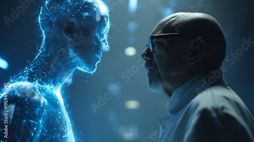 A stark and insightful profile view of a thoughtful man observing a radiant, abstract blue humanoid figure, representing the advanced dialogue between human intellect and artificial intelligence.