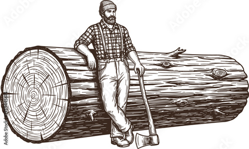 Vintage lumberjack engraving with axe and large log, detailed hand drawn vector illustration of woodcutter in rustic forest industry style