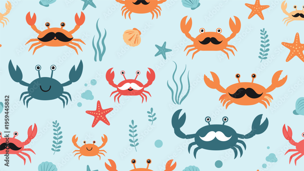 Obraz premium Fun maritime seamless pattern shows orange and blue crabs with mustaches swimming with starfish and seaweed on a blue background.