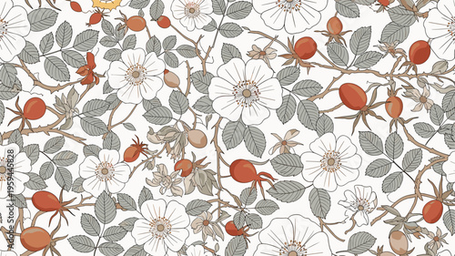 Detailed seamless pattern of white wild roses and orange rose hips with green leaves on a light background for fabric or wallpaper.