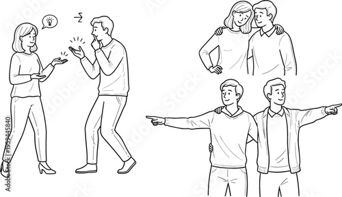 People interaction line art set with arguing talking and pointing gestures, vector illustration of communication emotions and relationships in minimal outline style