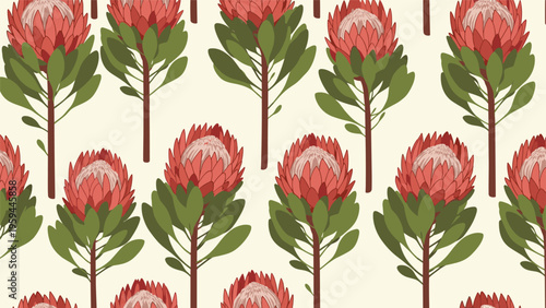Beautiful seamless pattern showing rows of pink king protea flowers with green leaves on a soft cream-colored background for design projects.