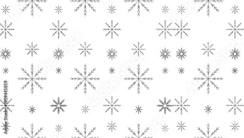 Minimalist seamless pattern consisting of various black snowflake designs in different sizes and shapes arranged on a solid white background.